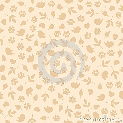 Seamless pattern with small simple birds,hearts,branches,leaves and paws on a warm beige background Vector Illustration